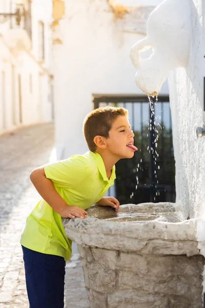 Thirsty Kid Drinking Ancient Fountain — Stock Photo, Image