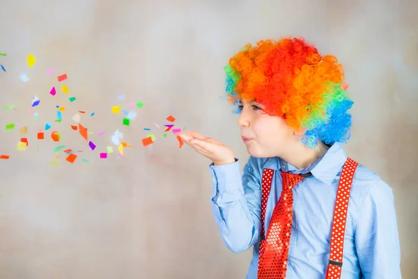 Funny Boy Blowing Confetti Carnival — Stock Photo, Image
