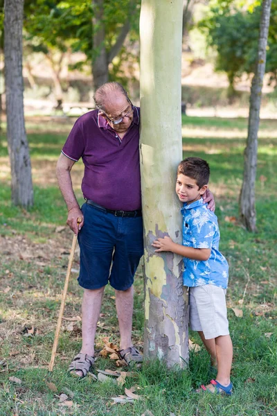 Avô Neto Brincando Com Uma Árvore Floresta — Fotografia de Stock