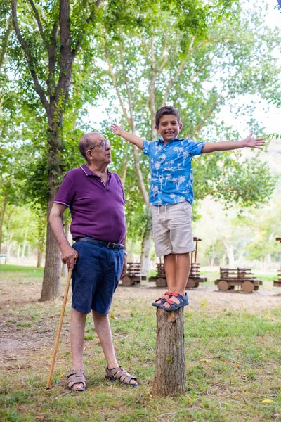 Grootvader Zijn Kleinzoon Spelen Het Bos — Stockfoto