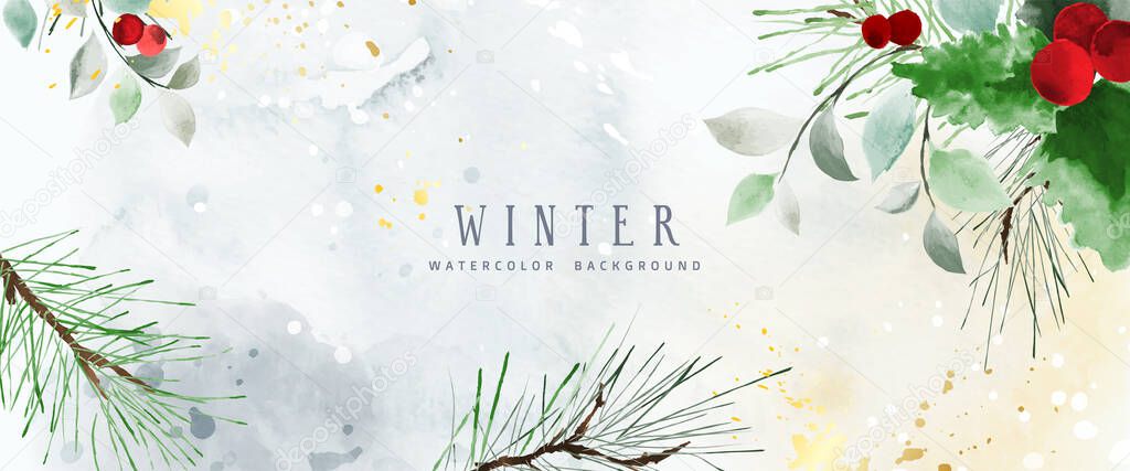 Winter watercolor natural art background with flower and seasonal leaves. Hand-painted watercolor decorative with gold drops. Suitable for header design, banner, cover, web, cards, wall decoration.