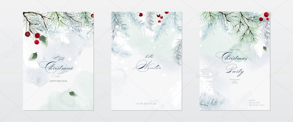 Collection of Christmas watercolor natural art background set. Berry and pine branches on snow falling with hand-painted watercolor. Suitable for cards design, New year invitations.