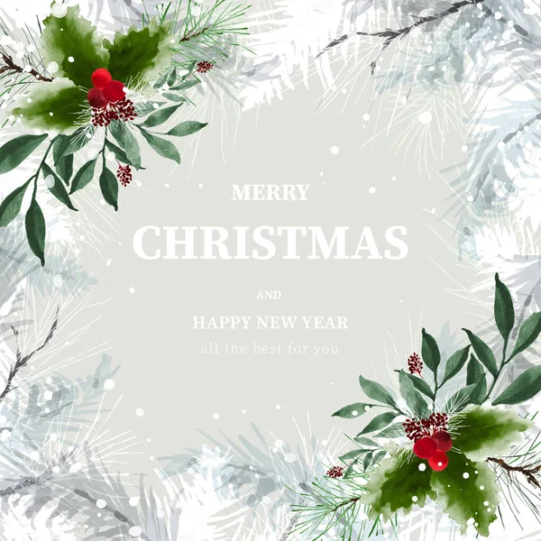 メリークリスマスと冬の水彩正方形のフレーム 雪の降る季節の葉や松の小枝を手描きの水彩画 クリスマスカードのデザイン 新年の招待に適しています — ストックベクタ