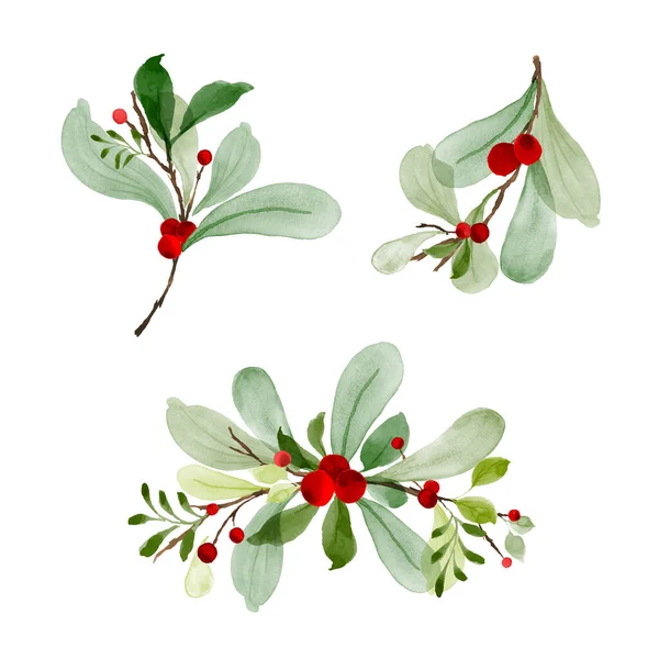Weihnachten Aquarell Set Von Blumensträußen Mit Beeren Und Blättern — Stockvektor