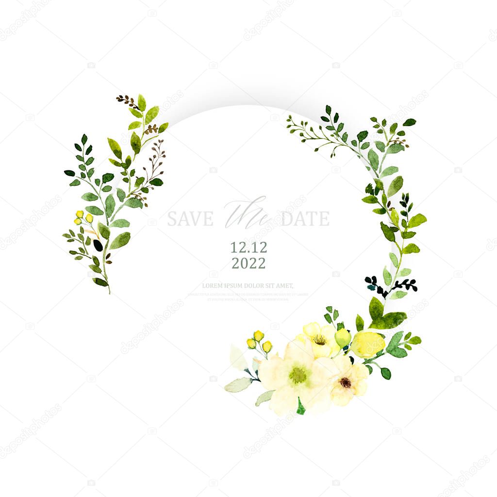 Watercolor invitation design with floral wreath. Watercolor hand-painted with yellow flower and green leaves bouquet on a round frame. Suitable for wedding card design, invitations, Save the date.