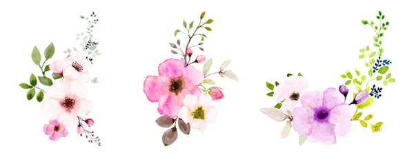 Conjunto Ramos Flores Rosa Acuarela Composición Botánica Acuarela Pintado Mano — Archivo Imágenes Vectoriales