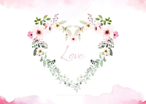 Watercolor Love Pink Flowers Leaves Decorated Heart Shape Hand Painted — Stock Vector