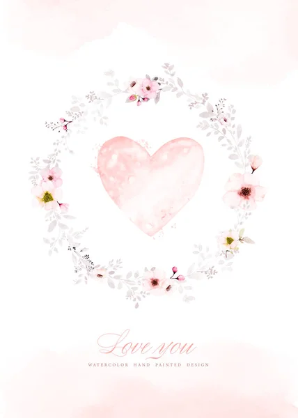 ピンク色の花や葉の花輪にハート型の水彩画 バレンタインデー 結婚式の招待状 日付を保存するのに適した手描きの水彩画 ありがとう ポスター またはグリーティングカード — ストックベクタ