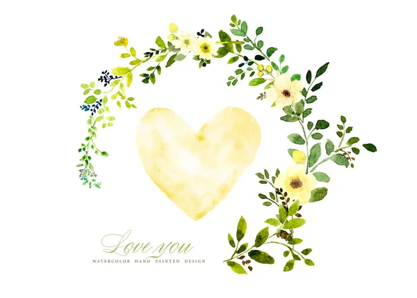 用黄色和绿色的花环装饰在心里的爱的水彩画 手绘水彩画适合情人节 婚宴请柬 谢谢你 海报或贺卡 — 图库矢量图片
