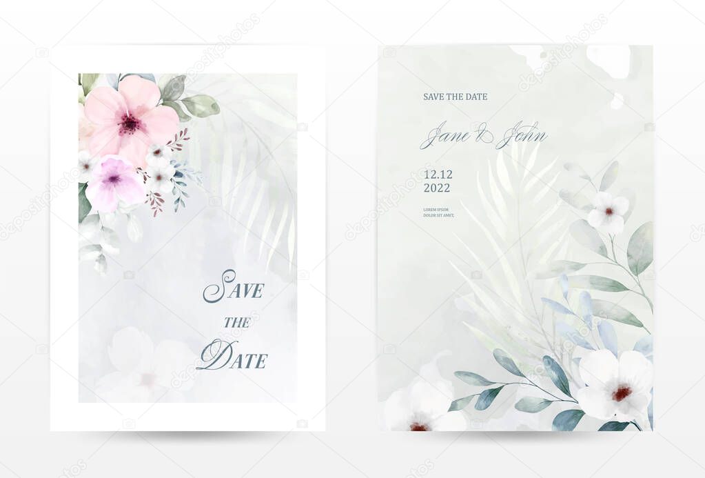 Watercolor flowers invitation template cards set. Collection watercolor botanical vector suitable for Wedding Invitation, save the date, thank you, or greeting card.