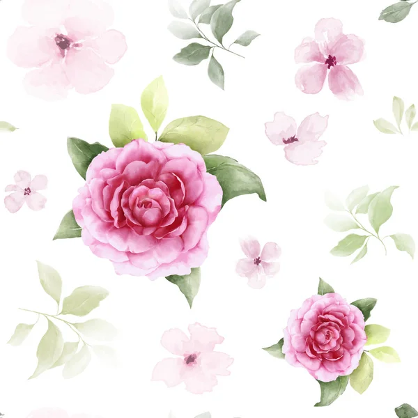 Seamless Pattern Hand Painted Watercolor Bouquets Pink Roses Leaves Botanical — ストックベクタ