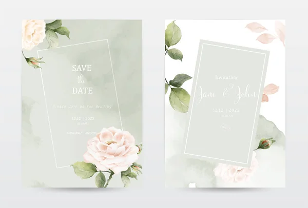 Rose Leaves Watercolor Invitation Template Cards Set Collection Watercolor Botanical — Stok Vektör