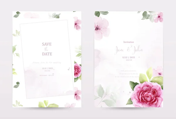Rose Leaves Watercolor Invitation Template Cards Set Collection Watercolor Botanical — Stok Vektör