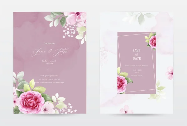 Rose Leaves Watercolor Invitation Template Cards Set Collection Watercolor Botanical — Vector de stock