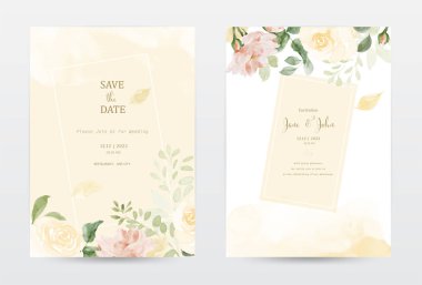 Rose and leaves watercolor invitation template cards set. Collection watercolor botanical vector suitable for Wedding Invitation, save the date, thank you, or greeting card.