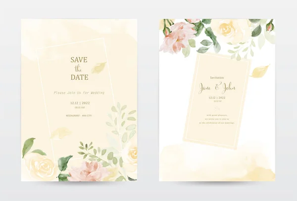 Rose Leaves Watercolor Invitation Template Cards Set Collection Watercolor Botanical — Stockvektor