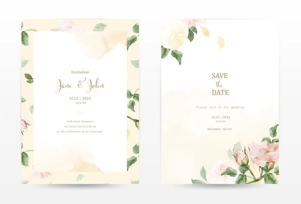 Rose Leaves Watercolor Invitation Template Cards Set Collection Watercolor Botanical — Vetor de Stock