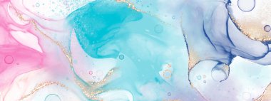 Alkol tekniği boyalı soyut akışkan sanat ve lüks görünmesi için altın folyo parıltısıyla süslenmiş. Arkaplan, pankart, duvar dekorasyonu için uygun.