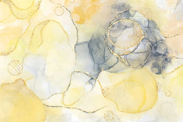 Abstract fluid art background with alcohol ink technique decorated with glittering gold foil for a luxurious look. Suitable for backgrounds, banners, greeting cards, or wall decoration.