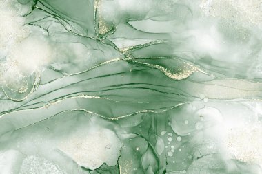 Alkol mürekkebi tekniğiyle donatılmış, lüks bir görünüş için parlak altın folyoyla süslenmiş soyut sıvı sanat arkaplanı. Arkaplan, pankart, tebrik kartı veya duvar dekorasyonu için uygun.