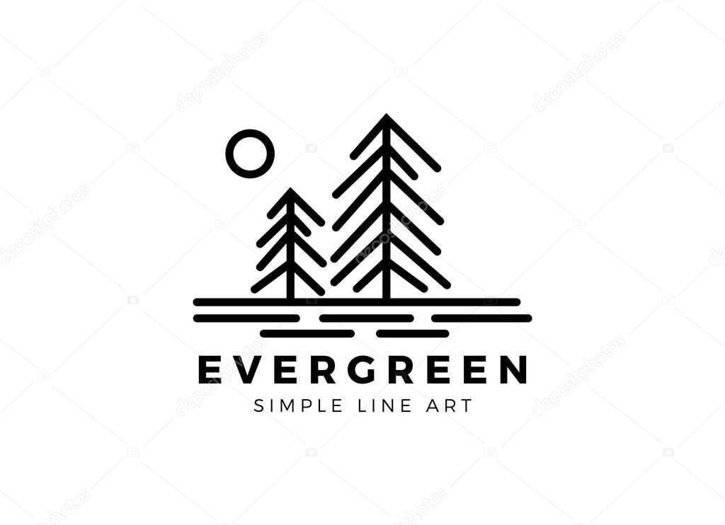 Pine evergreen fir hemlock spruce conifer cedar coniferous cypress larch pinus tree forest vintage retro hipster line art Logo design