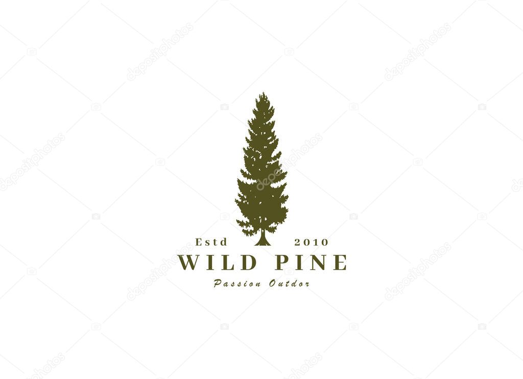 Rustic Retro Vintage cedar, cypress, larch, spruce, pine, pinus, evergreen, coniferous, conifer, fir, hemlock trees logo design