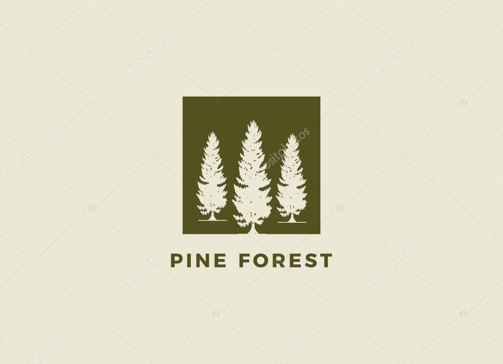 Rustic Retro Vintage cedar, cypress, larch, spruce, pine, pinus, evergreen, coniferous, conifer, fir, hemlock trees logo design