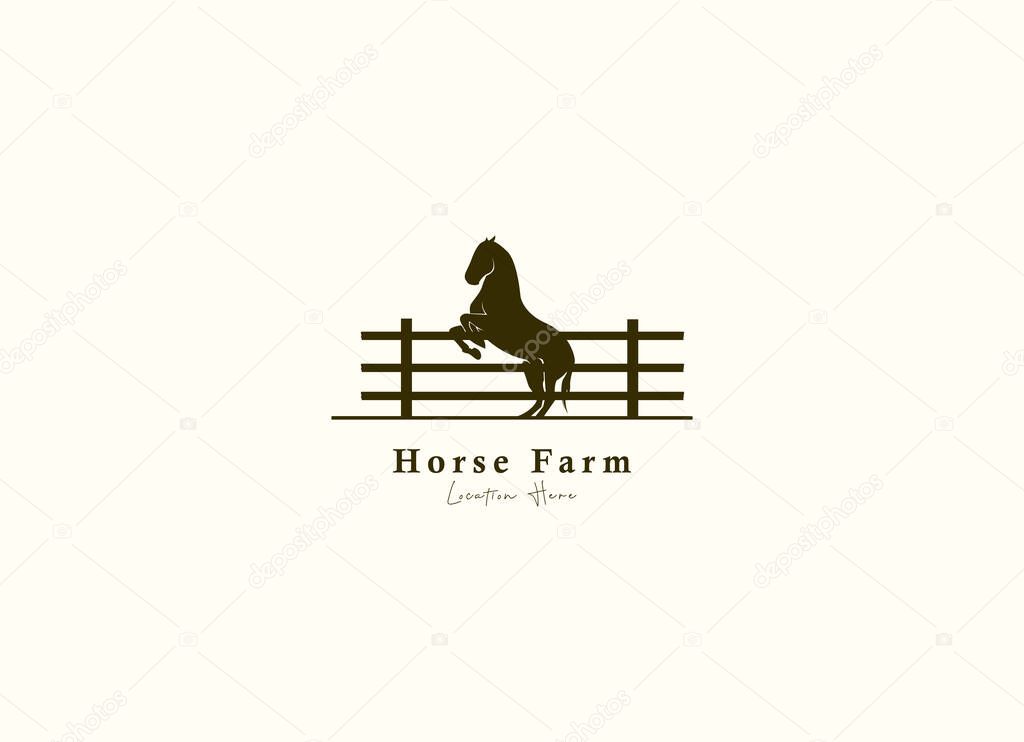 Horse silhouette behind wooden fence paddock for vintage retro rustic countryside western country farm ranch logo design