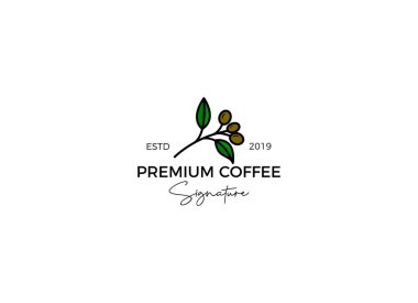 Kahve fabrikasının logosu. Kahve yapraklarıyla birlikte.