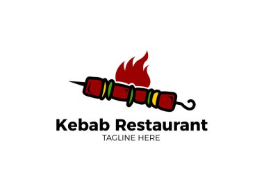 Klasik kebap logo şablonu. Beyaz arka planda ateş alevi olan şişte kebap ya da şiş kebap. Vektör illüstrasyonu
