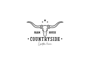 Texas Longhorn İneği, Western Bull Sığır Vintage Markası Aile Çiftliği Logosu Tasarımı