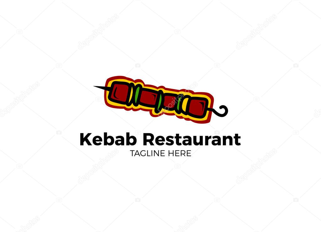 Vintage kebab logo template. Kebab or shashlik on skewer with fire flame isolated on white background. Vector illustration