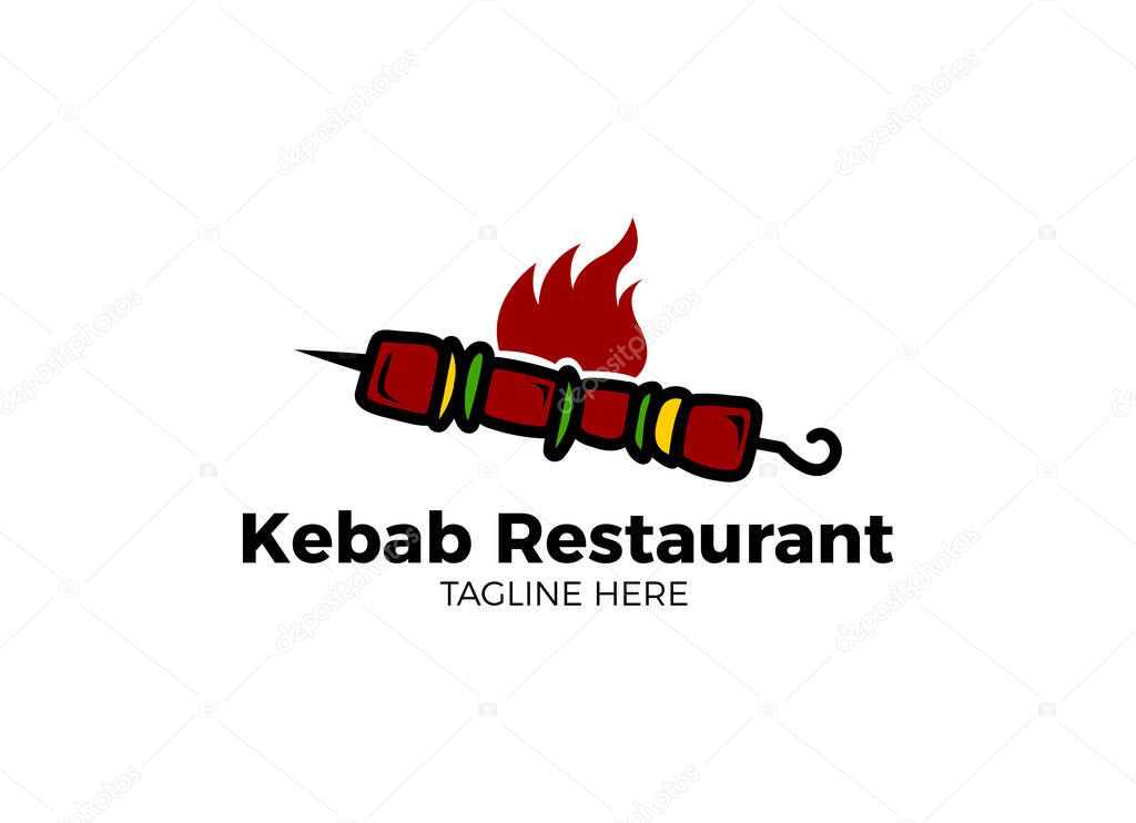 Vintage kebab logo template. Kebab or shashlik on skewer with fire flame isolated on white background. Vector illustration