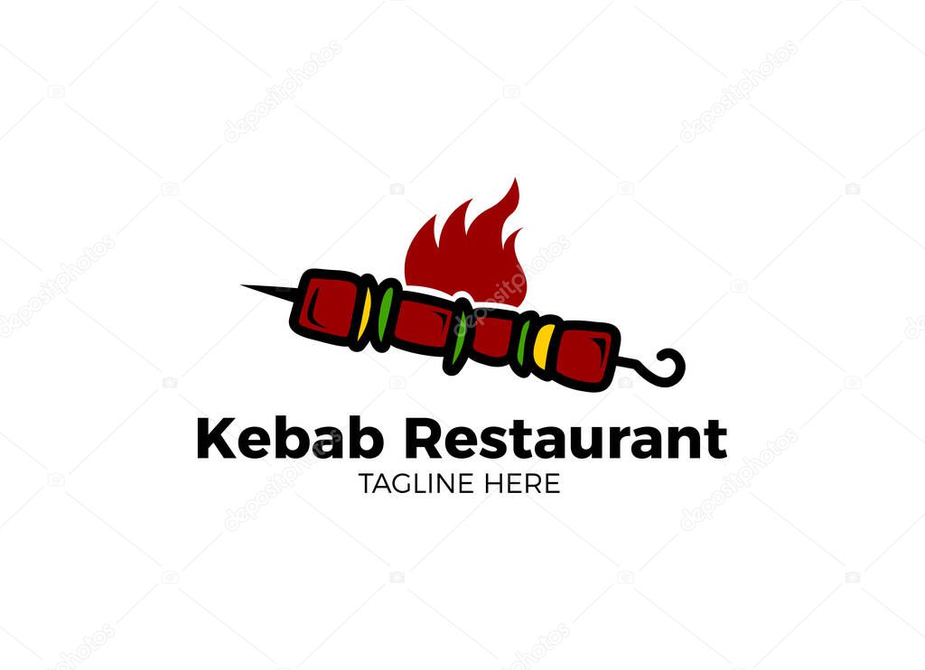 Vintage kebab logo template. Kebab or shashlik on skewer with fire flame isolated on white background. Vector illustration