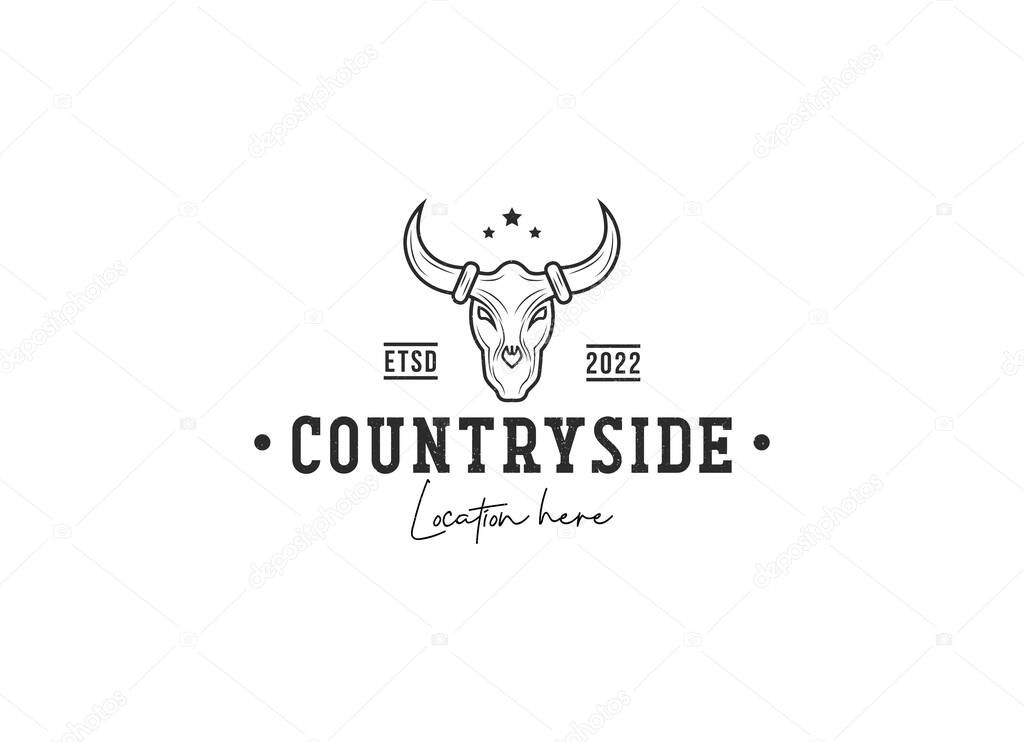 Texas Longhorn Cow, Country Western Bull Cattle Vintage Label Logo Design for Family Countryside Farm