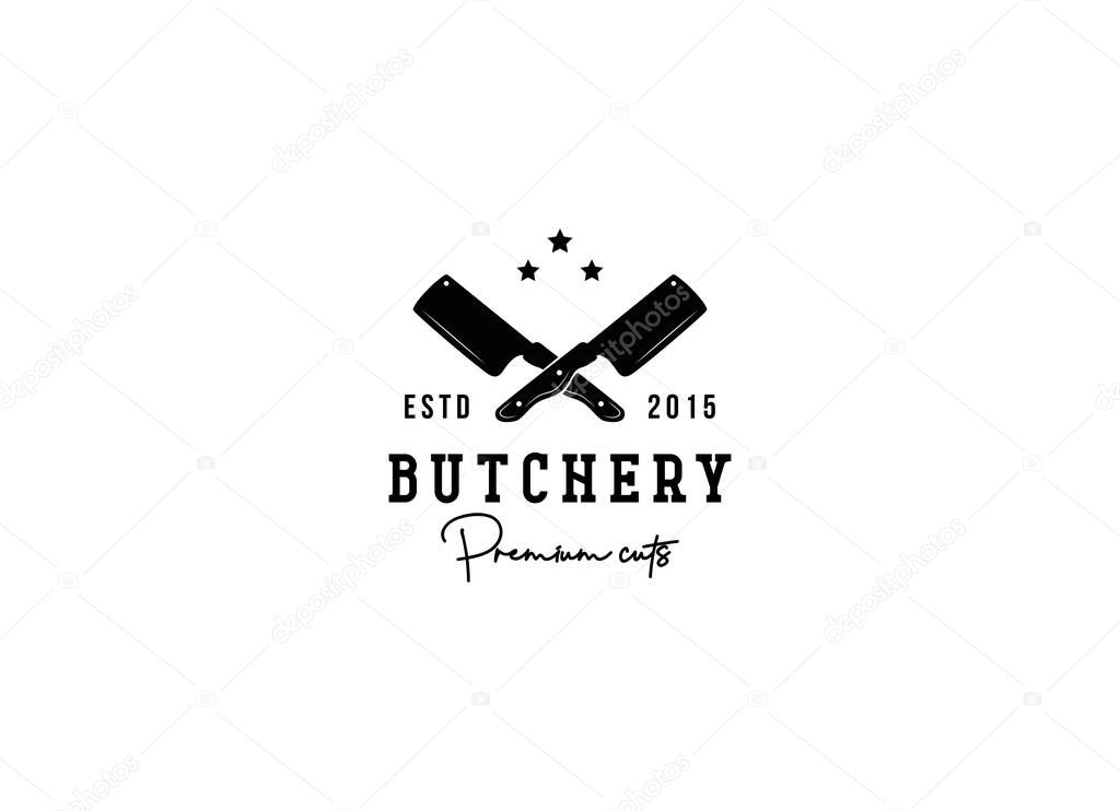 Butchery Shop Logo Design Template. Cow and Knife meet cleave vector template