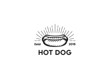 Klasik Hotdog Logo Vektörü. Fast food sosisli sandviç sokak yemekleri için illüstrasyon. 