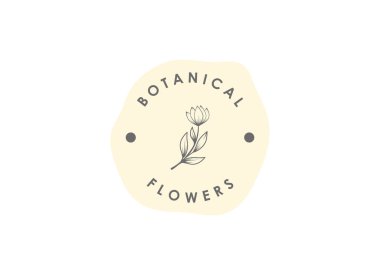 Botanik vektör logosu. Biyo kozmetik amblemi. Organik ürün işareti. Yaprak ve çiçek çizimi