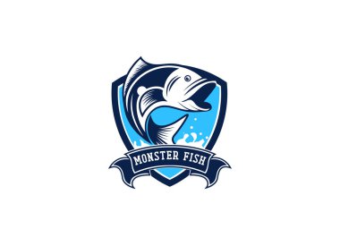 Monster fish emblem logo. Fishing logo design template. clipart