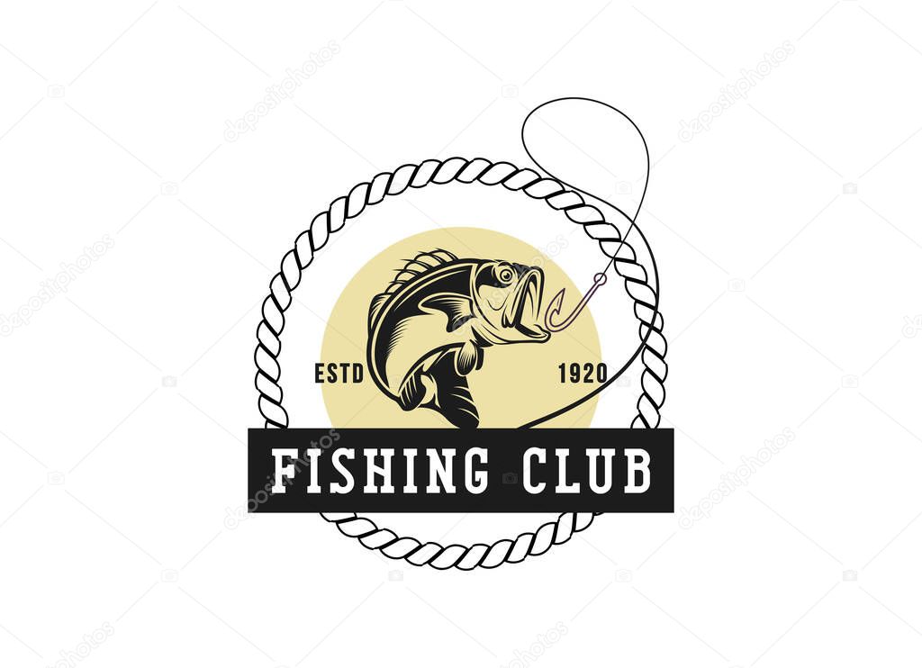 Monster fish emblem logo. Fishing logo design template.