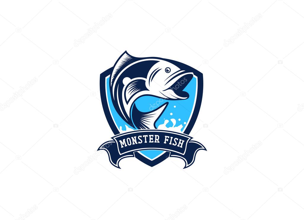 Monster fish emblem logo. Fishing logo design template.