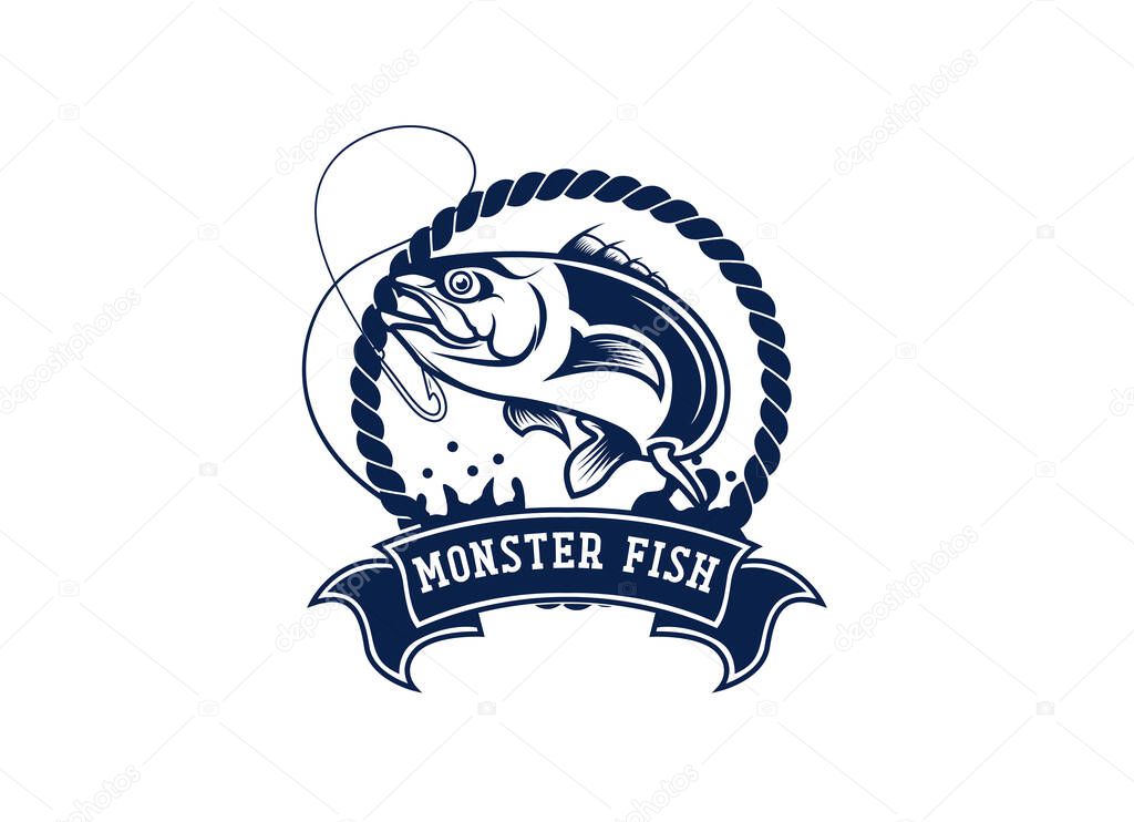 Monster fish emblem logo. Fishing logo design template.