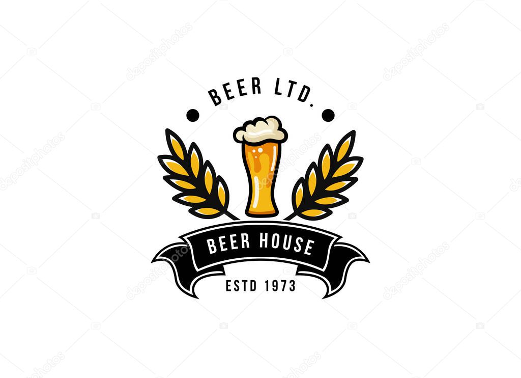 Craft Beer glass and malt Brewery label logo design vector in trendy modern cartoon line style illustration. Liquor logo for pub and bar club