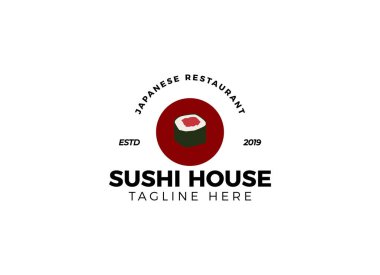 Suşi logosu Japon yemeği restoranı. Japon deniz ürünleri logosu Asya yemeği.
