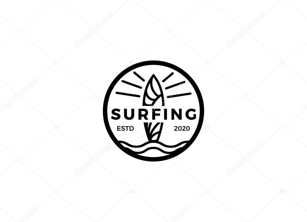 Vintage Surfing Emblem for web design or print. Surfer logo template. Surf Badge. Summer fun. Surfboard elements. Outdoors activity - boarding on waves.