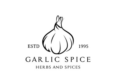 Ambalaj tasarım şablonu logo ve amblem - ot ve baharat - sarımsak kafa. Trendy lineer tarzda logosu