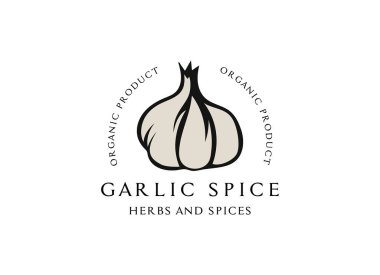 Ambalaj tasarım şablonu logo ve amblem - ot ve baharat - sarımsak kafa. Trendy lineer tarzda logosu