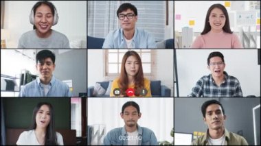 Bir grup genç Asyalı iş adamı, iş arkadaşı çevrimiçi video konferans görüşmesi, uzak takım toplantısı. Evde çalışmak, internet iletişim teknolojisi, koronavirüs sosyal mesafeli yaşam tarzı