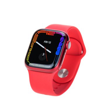 Bangkok, Tayland - 12 Kasım 2021: New Apple Watch serisi 7, kırmızı ürün versiyonu, beyaz arka planda izole. Giyilebilir teknoloji, moda tarzı konsepti. İllüstrasyon içeriği