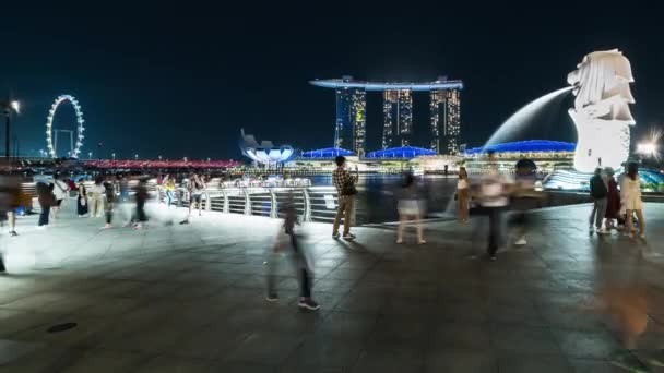 Singapur Singapur Şubat 2020 Marina Körfezi Kumları Manzaralı Merlion Heykeli — Stok video